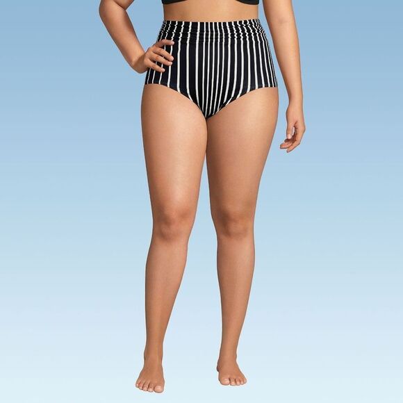 Land's End Plus natural waist full coverage swim bottoms black egret stripe 18W - Picture 3 of 4